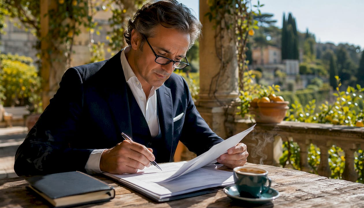 Man reviewing tax documents in Italian home library