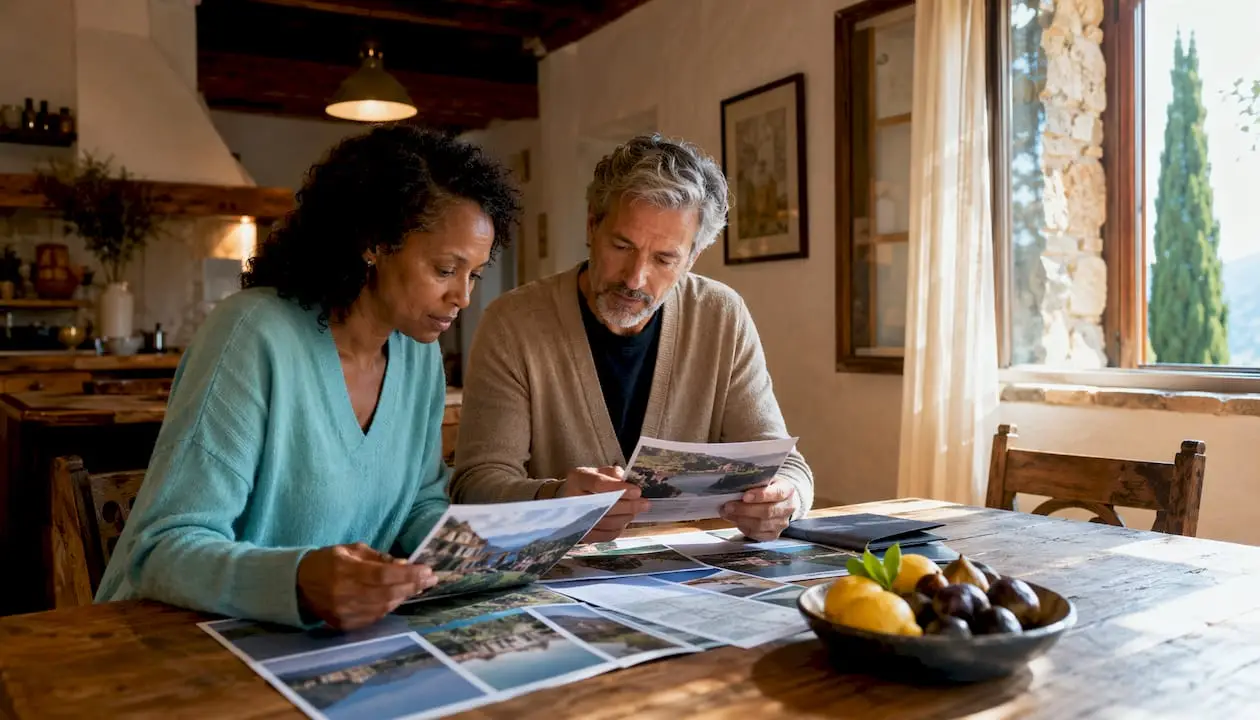 Couple reviewing Italian lake property brochures