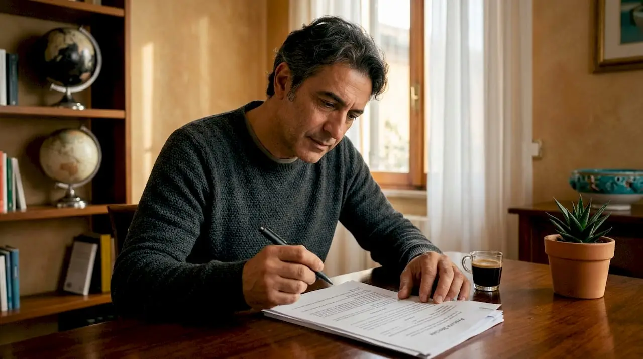 Man reviewing Italian power of attorney document at home