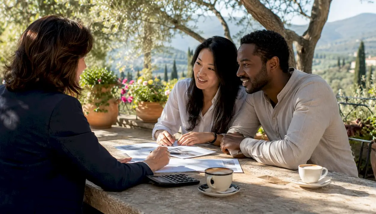 Couple consulting mortgage broker in Italian café