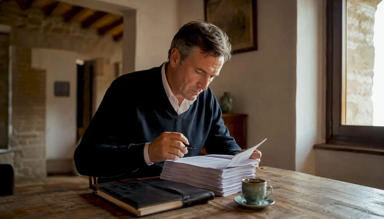 Buyer reviewing condominium documents indoors
