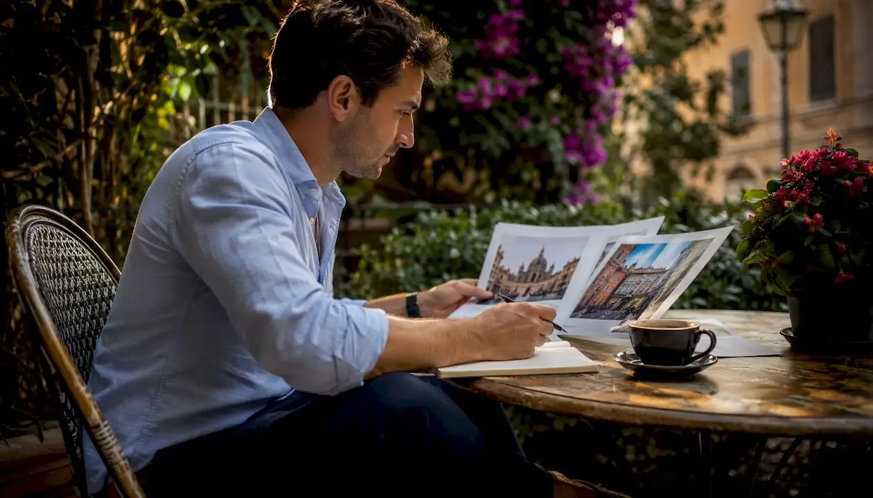 Investor reviewing Milan and Rome property brochures