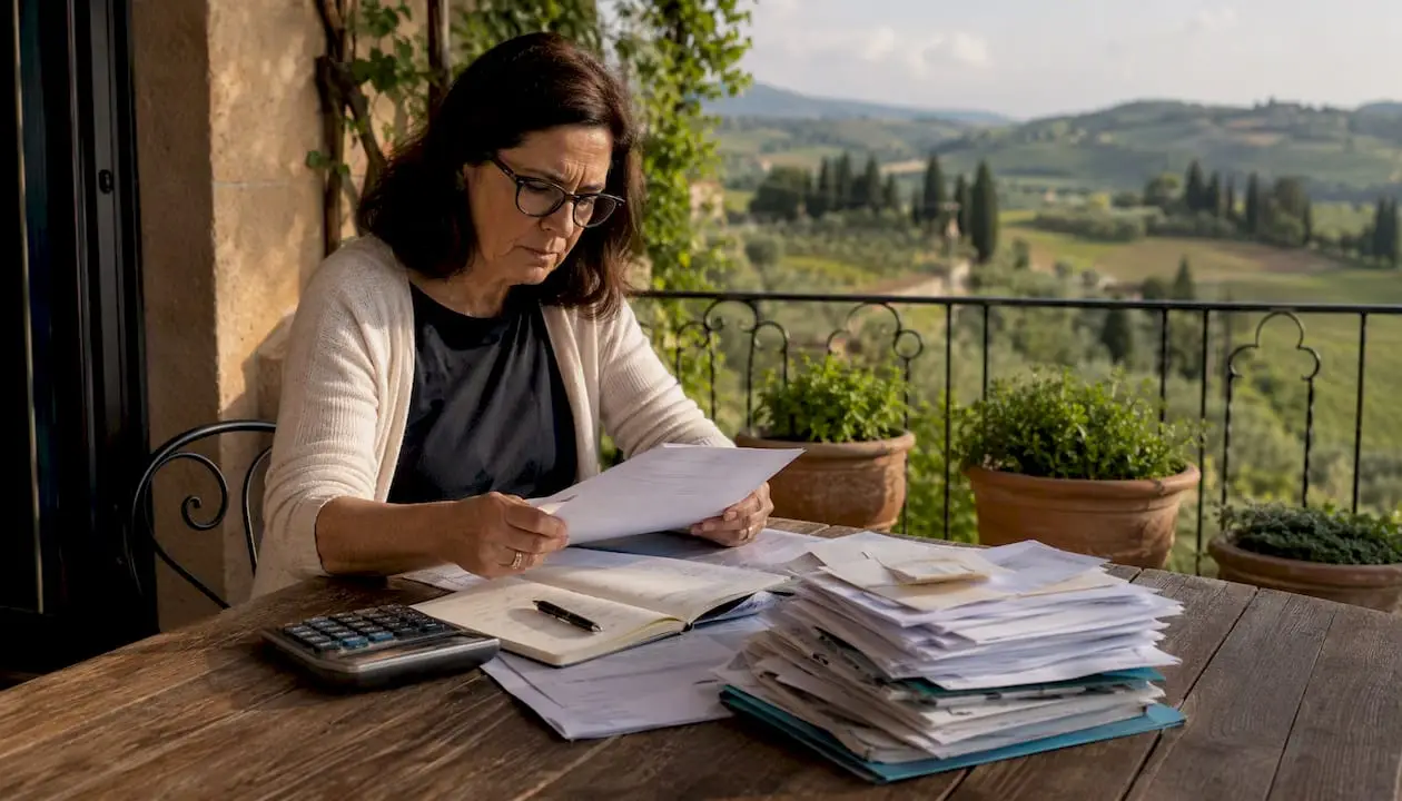 Woman reviewing IMU tax documents in Italian home