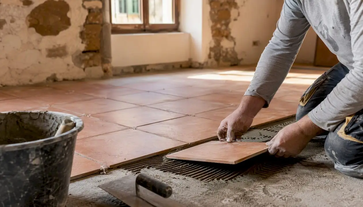 Hands laying terracotta tiles on Italian floor