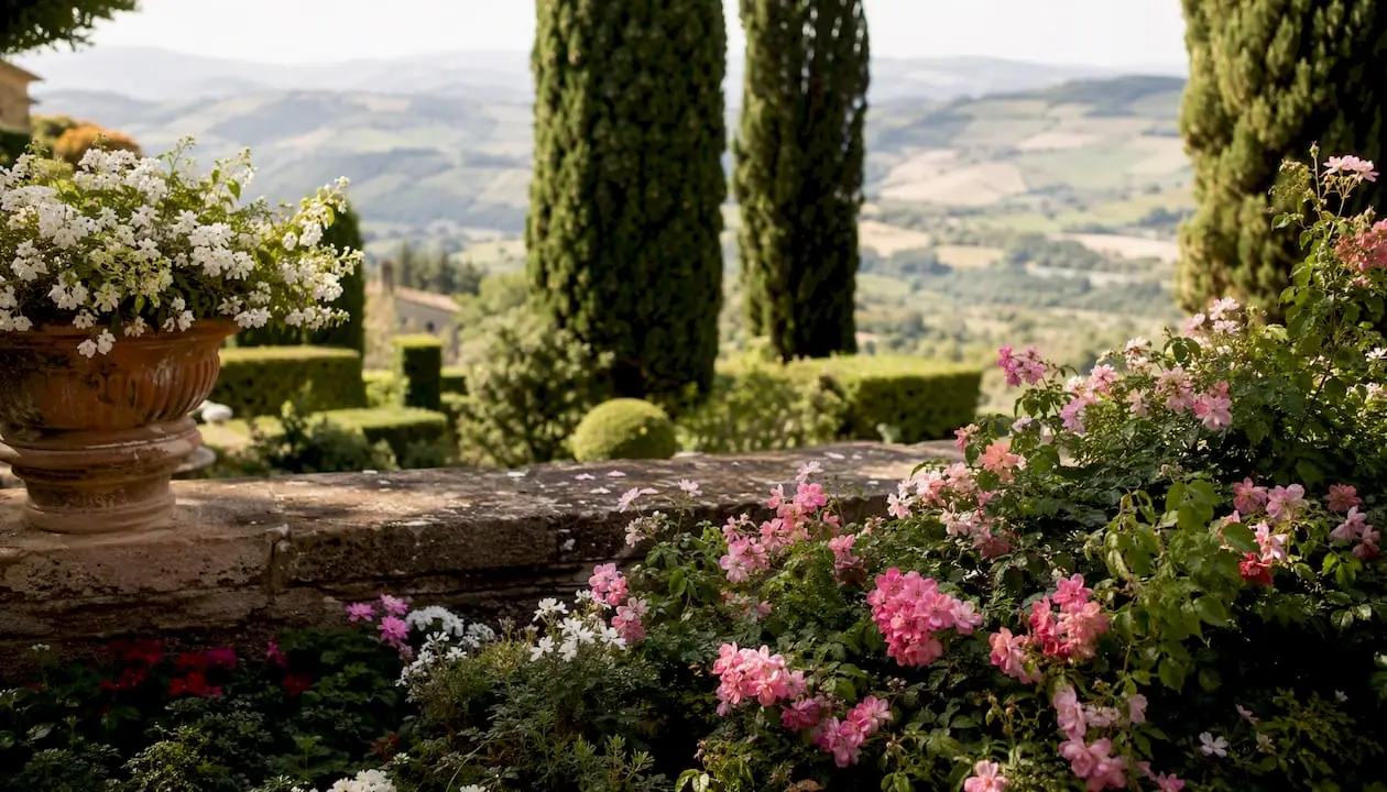 Historic villa garden with scenic panoramic landscape