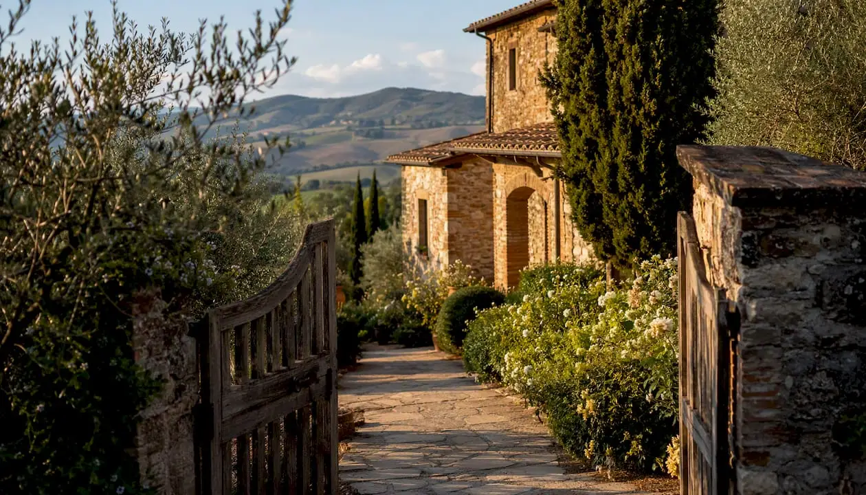 Tuscan villa among hillside landscape and olive trees