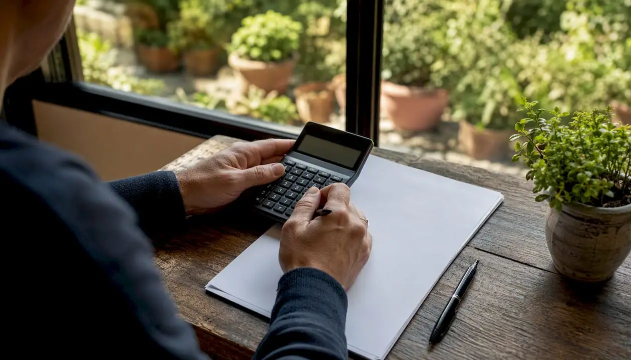 Hands calculating taxes near Italian home
