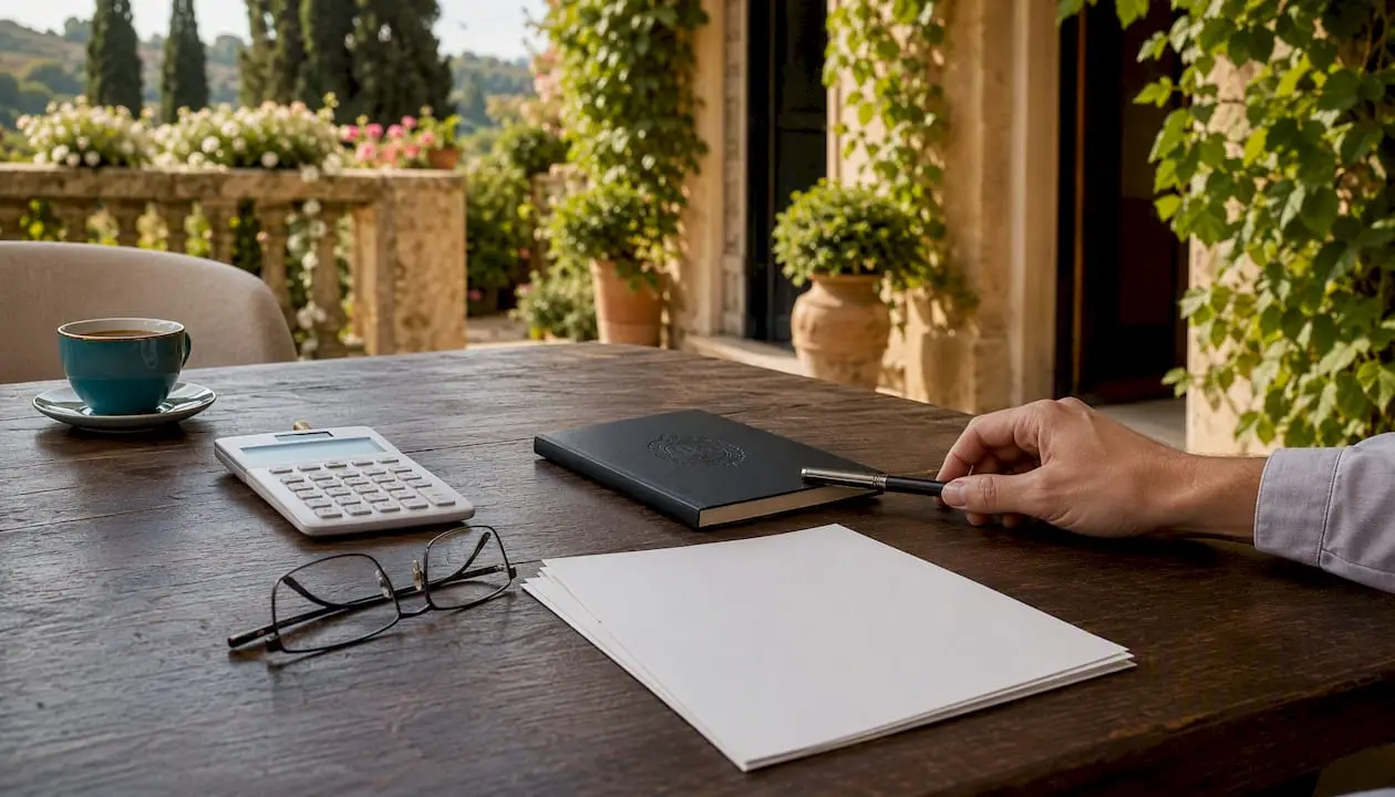 Hand pointing at documents next to calculator