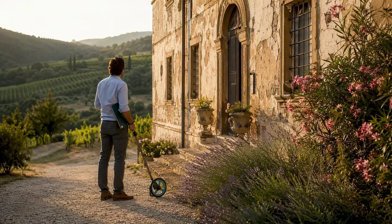 Professional inspecting Italian farmhouse exterior