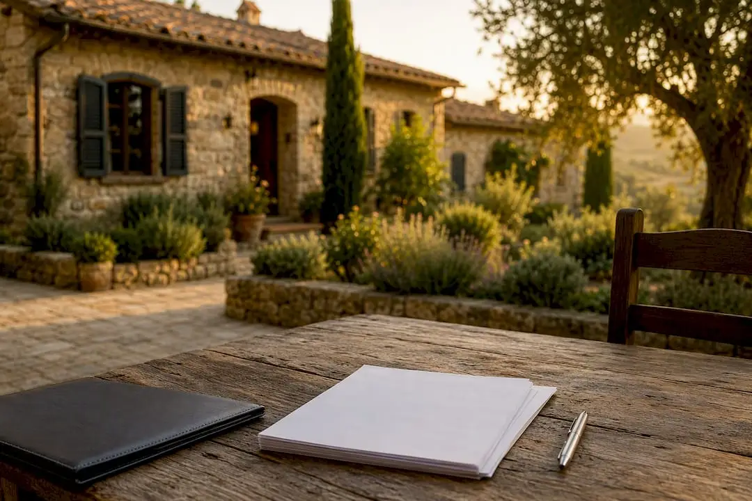 Villa exterior with rental tax paperwork on table