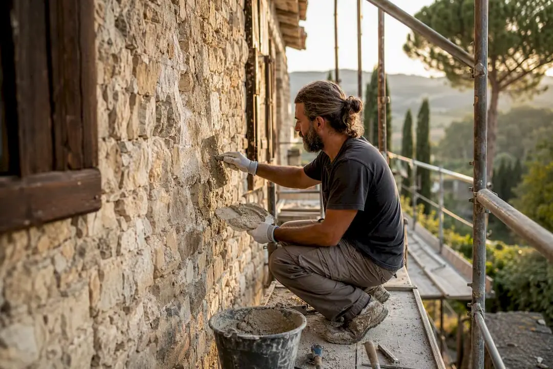 Hands restoring stone casale wall