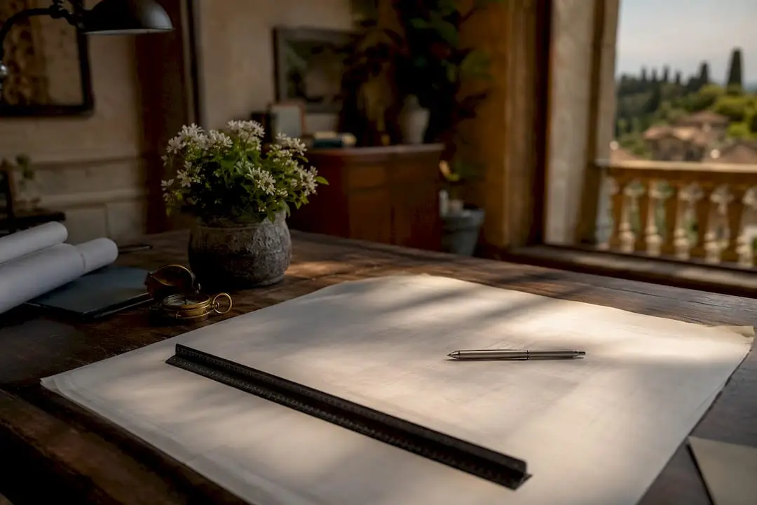 Architect's desk with tools and blank blueprint