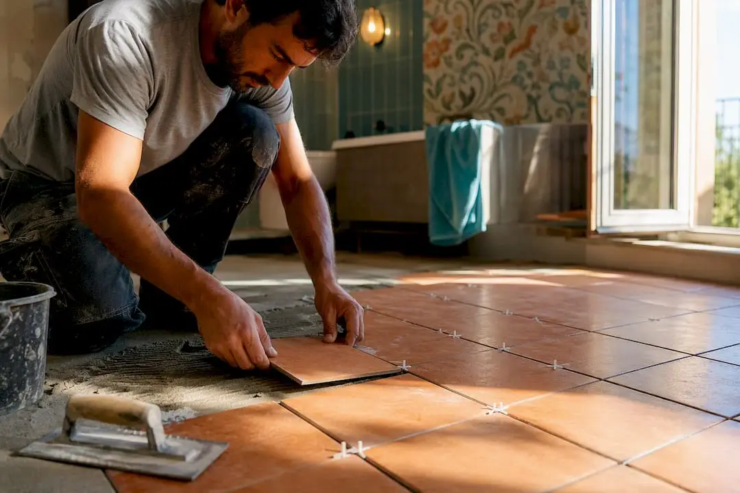 Hands installing bathroom floor tiles